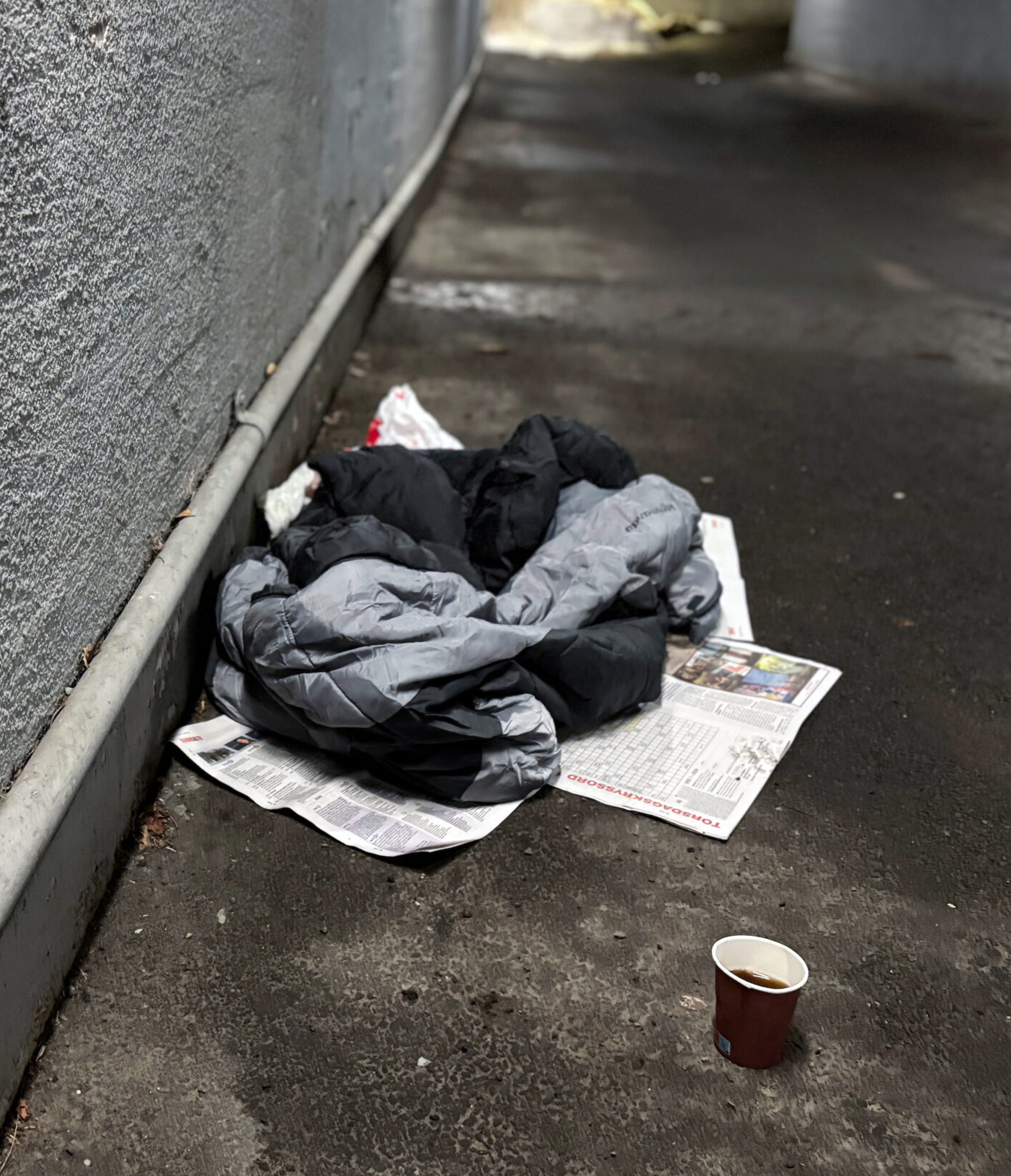 Bostedsl&oslash;se - sovepose p&aring; bakken under en tunnel og et pappkrus med kaffe