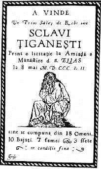 En plakat p&aring; rumensk som annonserer sig&oslash;ynere som slaver til salgs p&aring; et marked ved St. Elias.